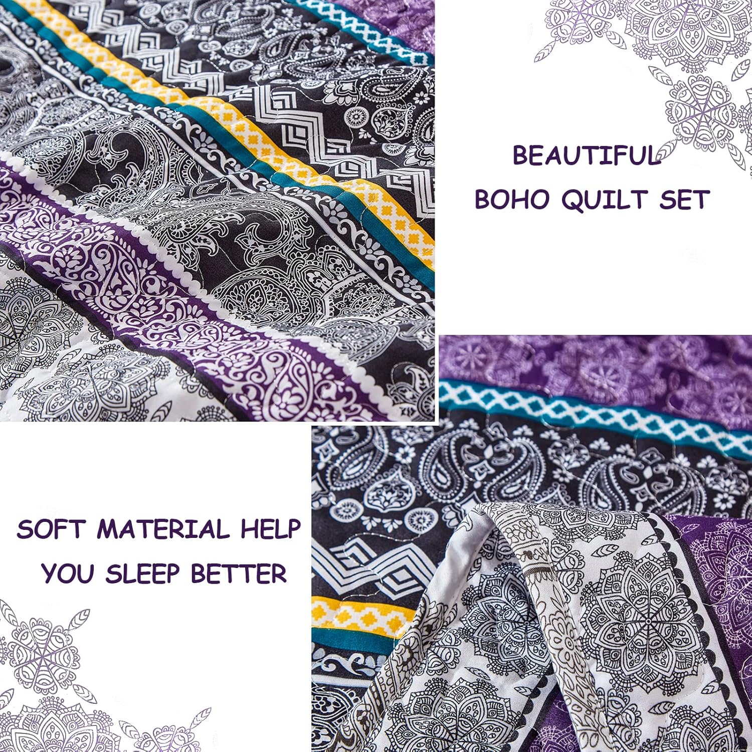 Aesthetic Quilted Bedspread and Pillowcases Set: Unify Your Bedroom's Look - Queen size with boho patterns and soft fabric details
