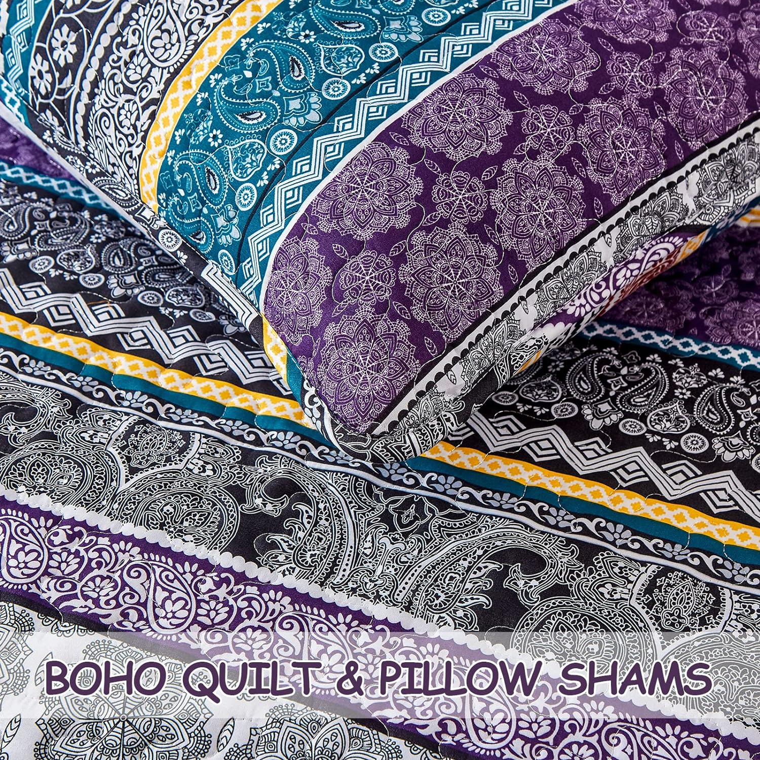Close-up of Aesthetic Quilted Bedspread and Pillowcases Set: Unify Your Bedroom's Look - Queen size with boho pattern in purple and teal tones