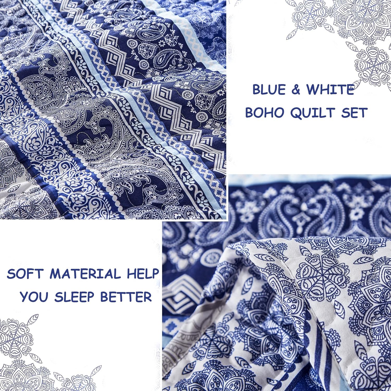 Sophisticated Quilted Coverlet and Pillowcases Set: A Timeless Addition - Queen size with blue and white boho quilt design close-up