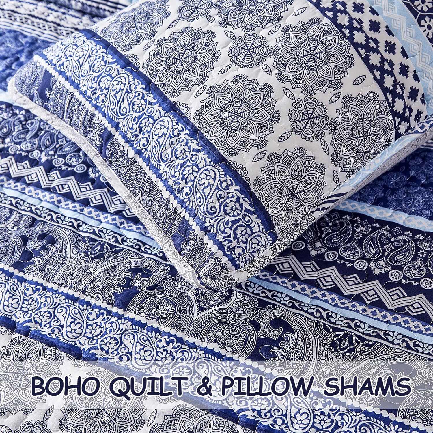 Sophisticated Quilted Coverlet and Pillowcases Set: A Timeless Addition - Queen size with blue boho patterns for bedroom decor