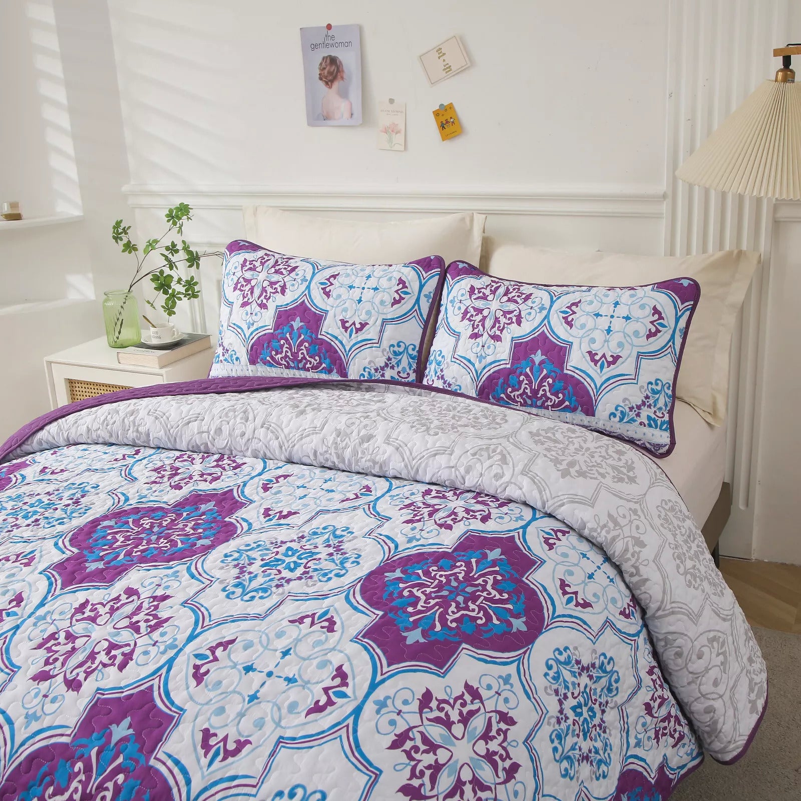 Handsome Quilted Bedspread and Pillowcases Set: Strong, Sturdy, and Stylish - Queen size with purple and blue patterned design on bed