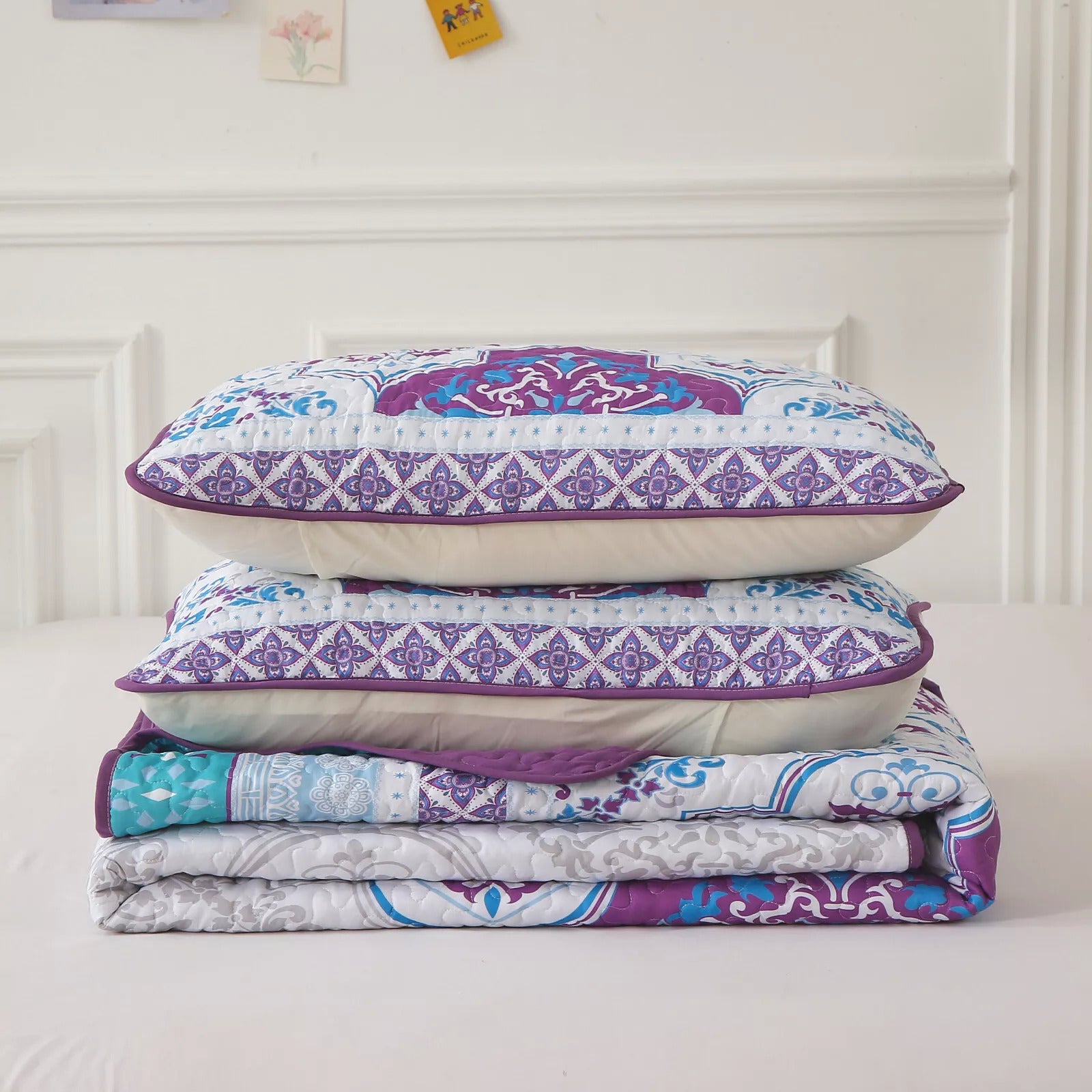 Handsome Quilted Bedspread and Pillowcases Set: Strong, Sturdy, and Stylish - Queen size with purple and blue patterned design