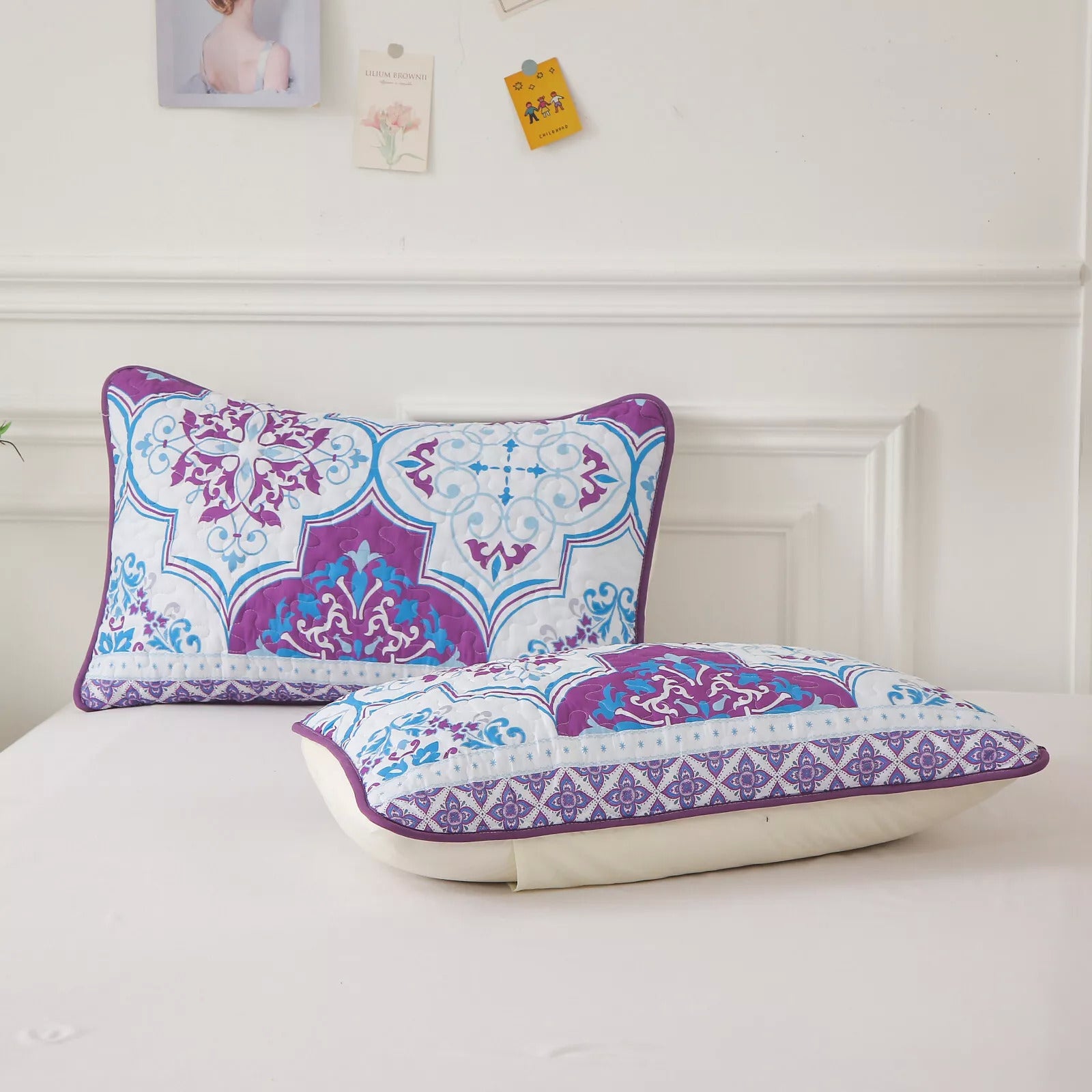 Handsome Quilted Bedspread and Pillowcases Set: Strong, Sturdy, and Stylish - Queen size with patterned purple and blue pillowcases