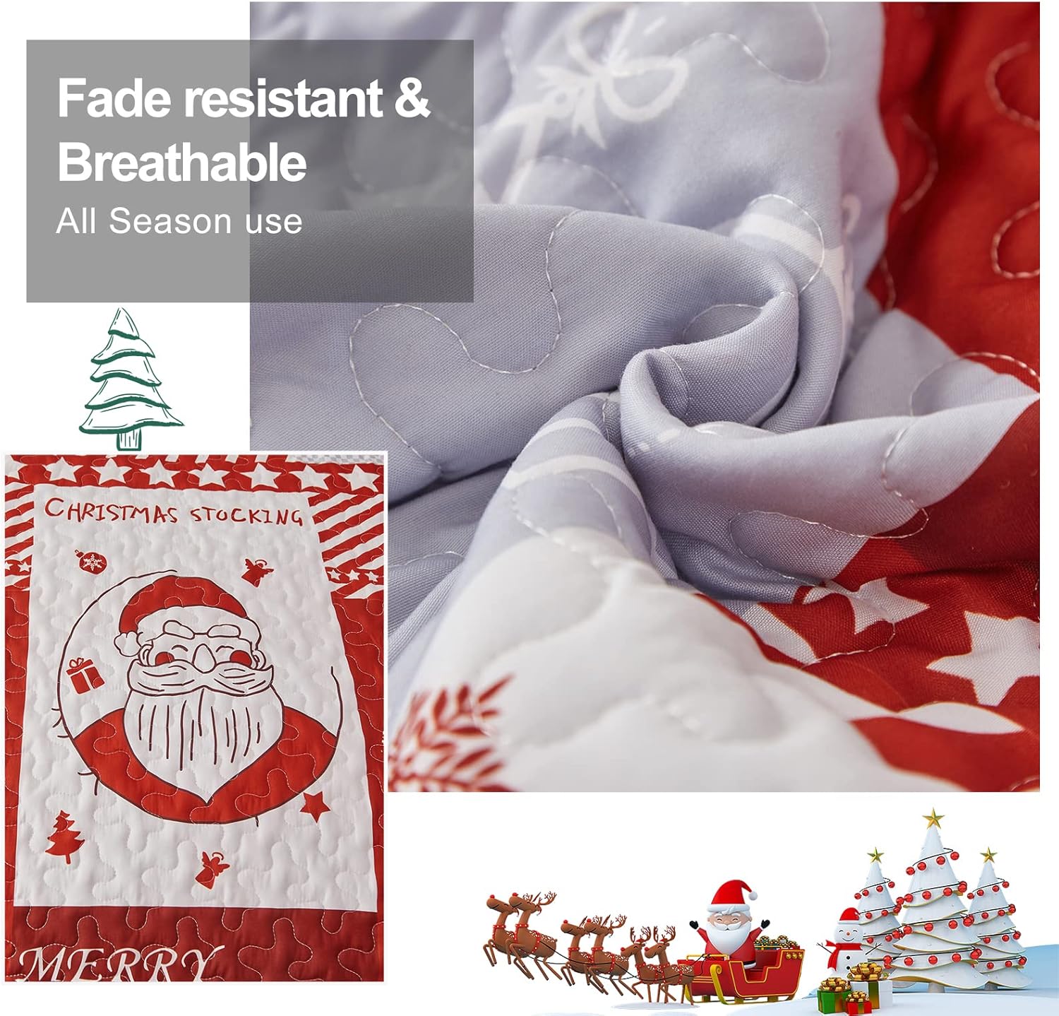 Close-up of soft fabric texture on Winter Wonderland snowman santa Christmas Queen Bedspread Set showing fade resistance and breathability.
