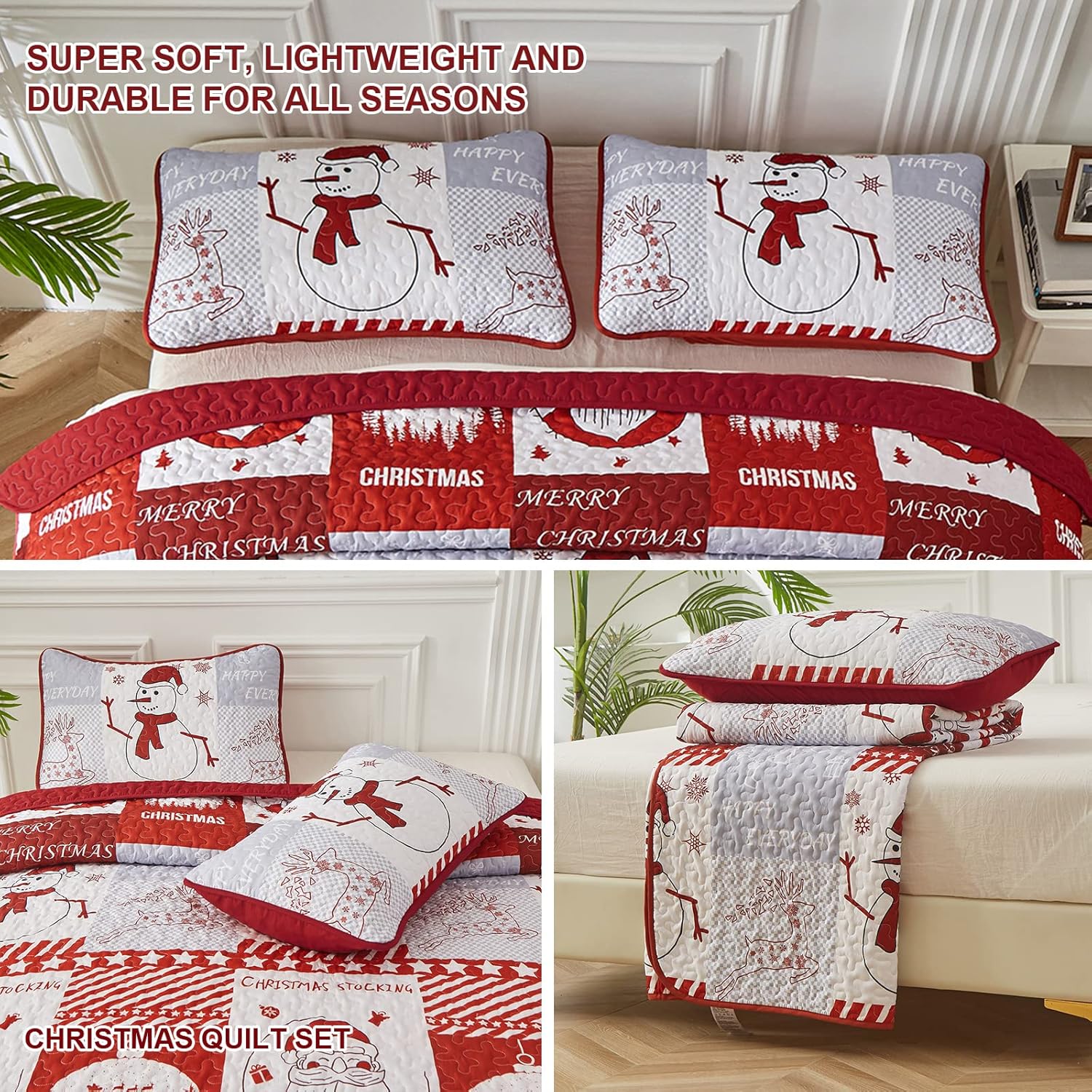Winter Wonderland snowman santa Christmas Queen Bedspread Set with festive quilt and matching pillow shams on bedzy bed