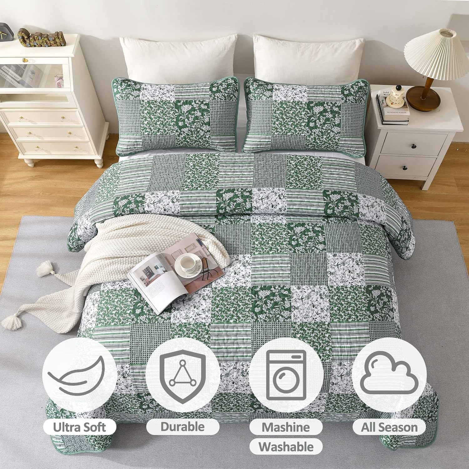 Delightful Quilted bedspread and pillowcovers set: Indulge in Comfort - Queen size with green patchwork design on a white bedroom setting