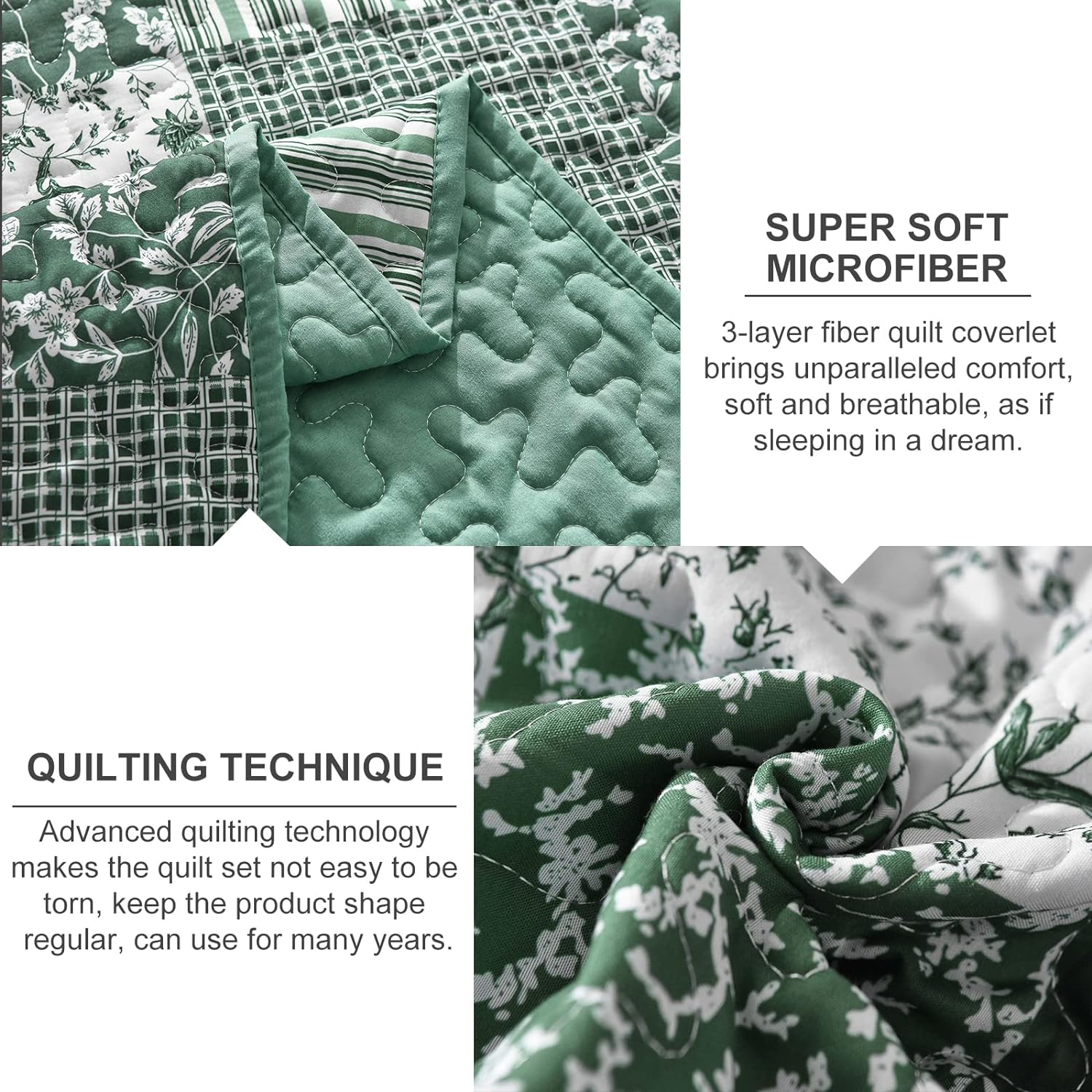 Delightful Quilted bedspread and pillowcovers set: Indulge in Comfort - Queen size with green floral microfiber quilt detailing close-up