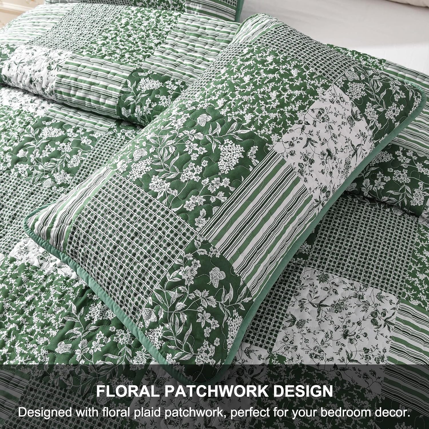 Delightful Quilted bedspread and pillowcovers set: Indulge in Comfort - Queen size with green floral patchwork design on bedzy bed