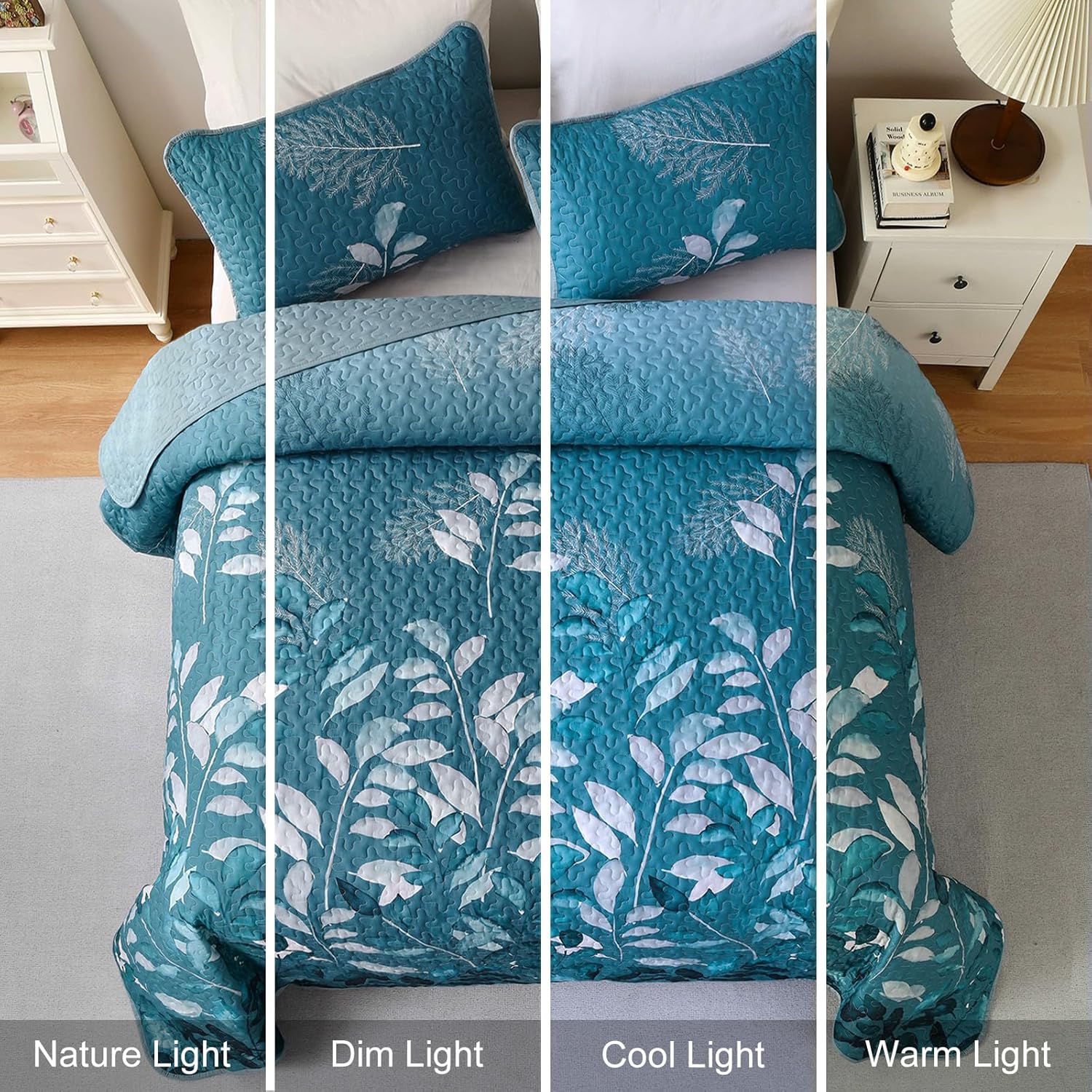 Decadent Quilted Coverlet and Pillowcases Set: Experience Supreme Comfort - Queen size with blue botanical quilt on bedzy bed