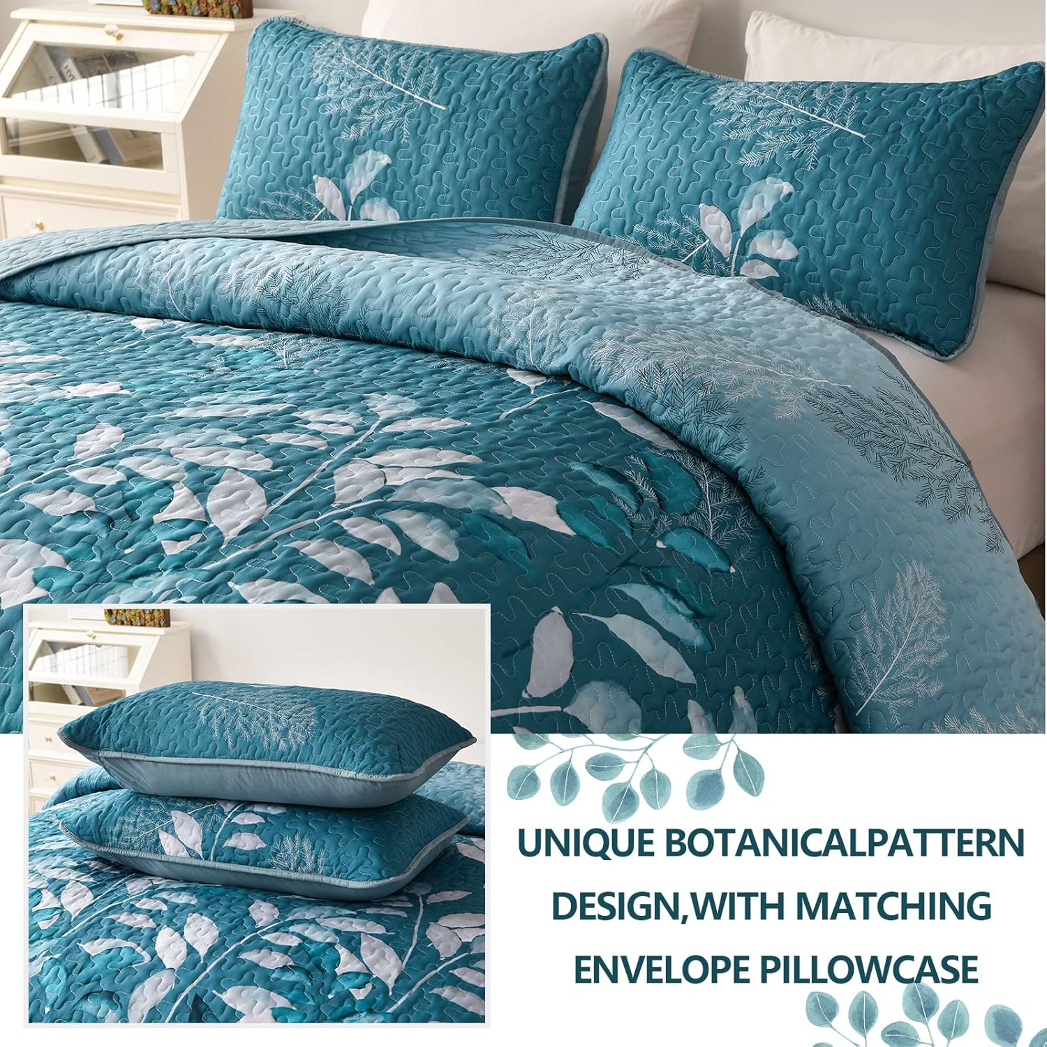 Decadent Quilted Coverlet and Pillowcases Set: Experience Supreme Comfort - Queen size with botanical pattern and matching pillowcases