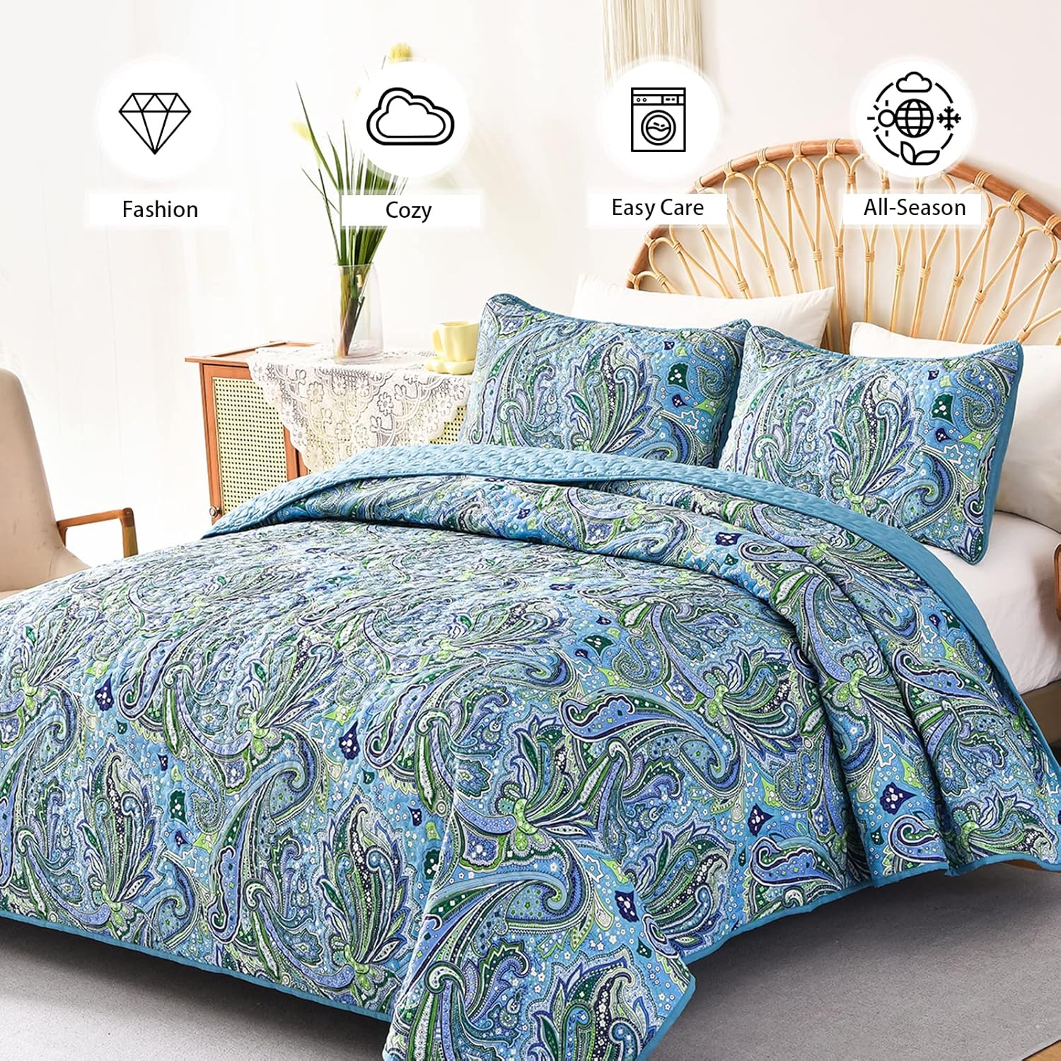 Richly Textured Quilted Coverlet and Pillowcases Set: Embrace the Comfort - Queen size with paisley pattern on bed in bedroom furniture setting