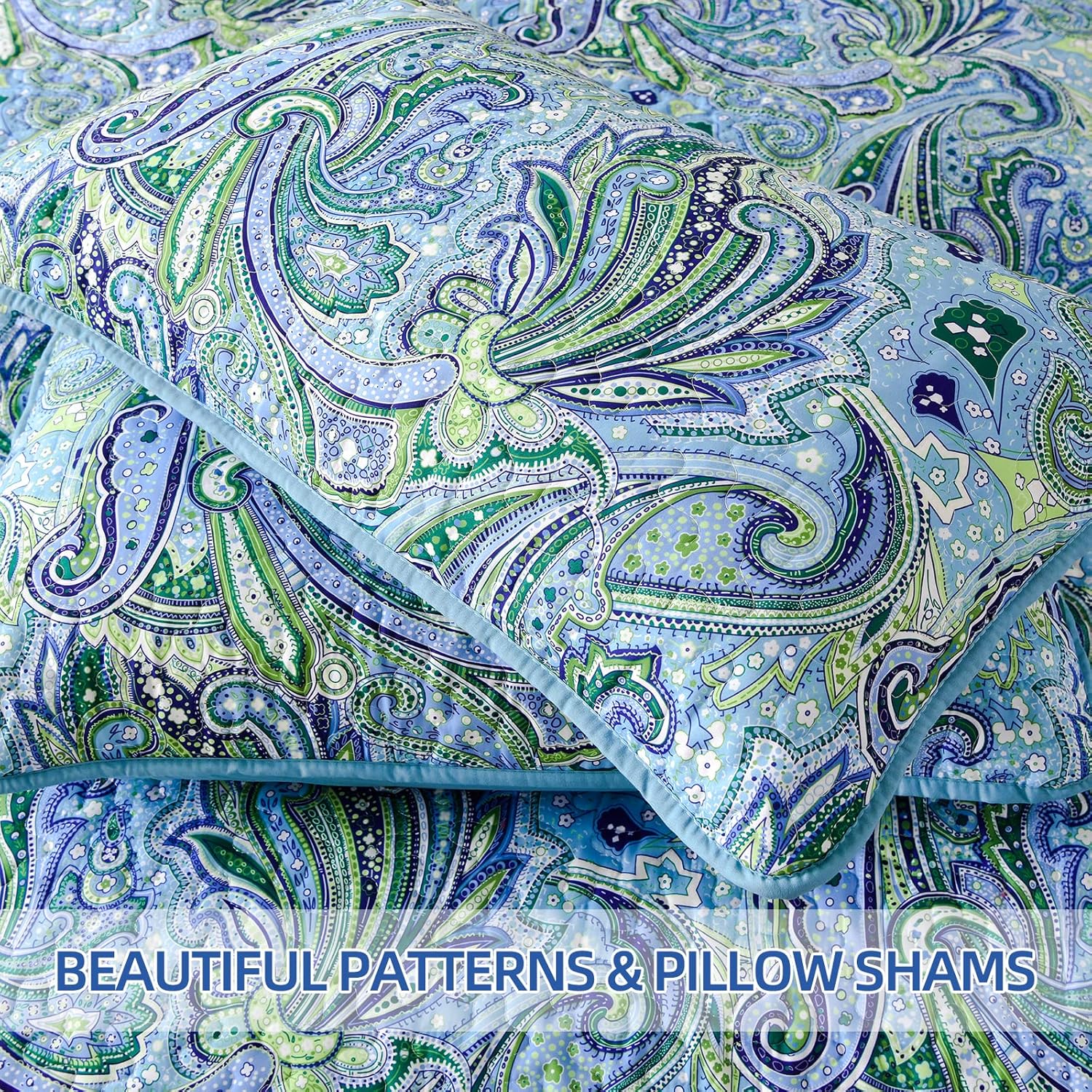 Richly Textured Quilted Coverlet and Pillowcases Set: Embrace the Comfort - Queen size with intricate blue and green paisley patterns
