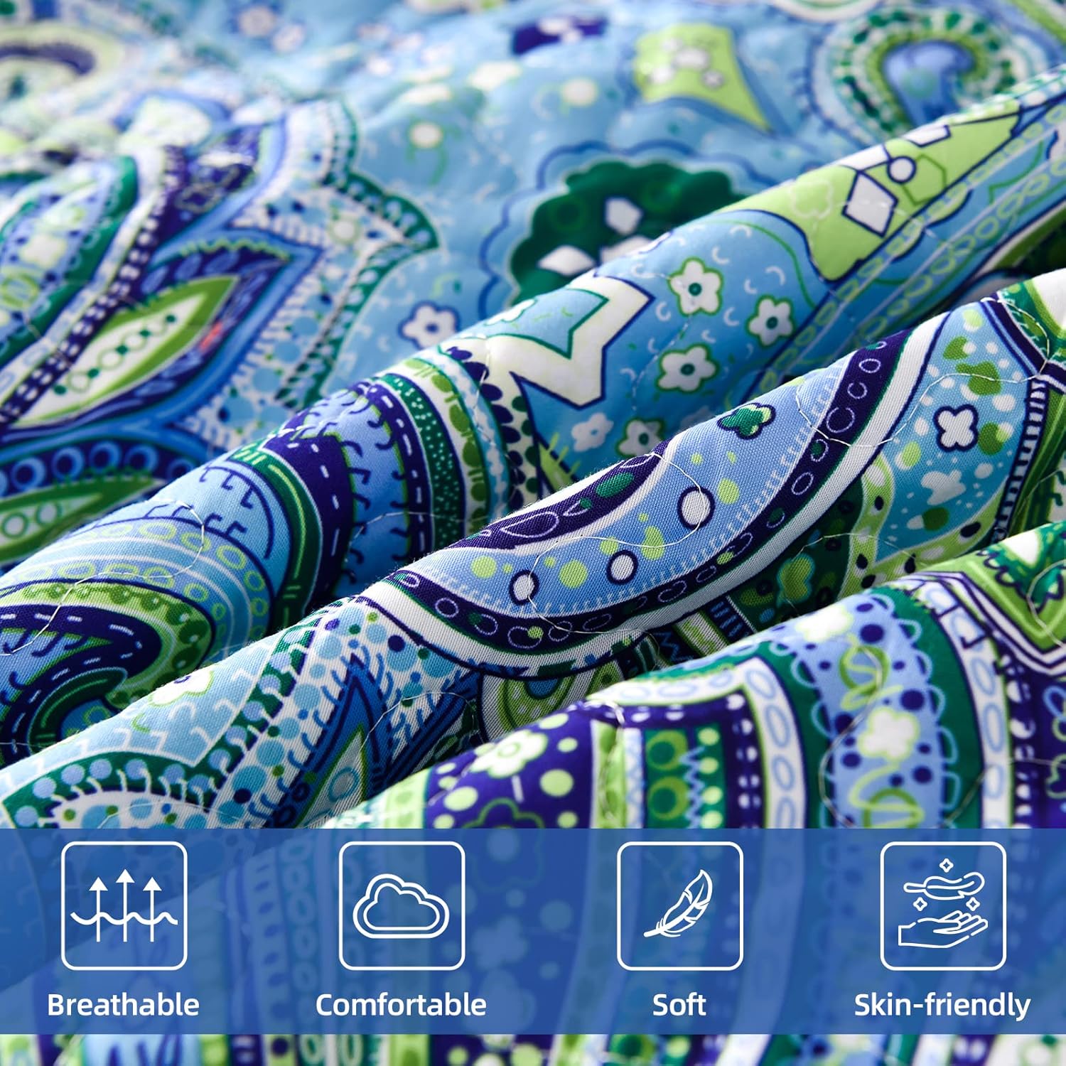 Richly Textured Quilted Coverlet and Pillowcases Set: Embrace the Comfort - Queen size with blue and green patterned fabric close-up