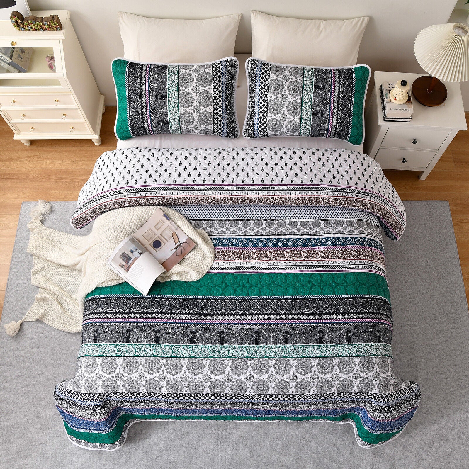 Romantic Blush green grey 3 Pc Bedspread & Pillow Cover Set with patterned quilt and matching pillow covers on bed in bedroom setting