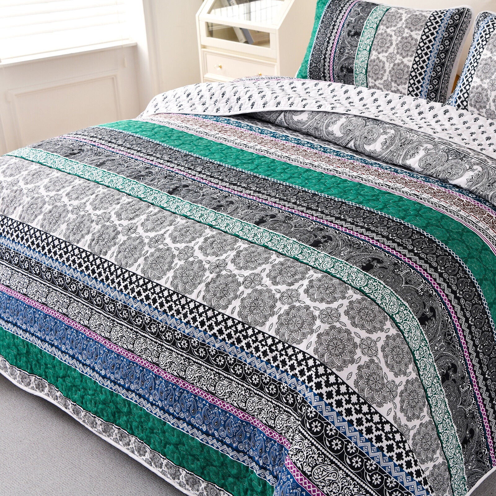 Romantic Blush green grey 3 Pc Bedspread & Pillow Cover Set with patterned quilt and matching pillow covers on bed in bedroom setting