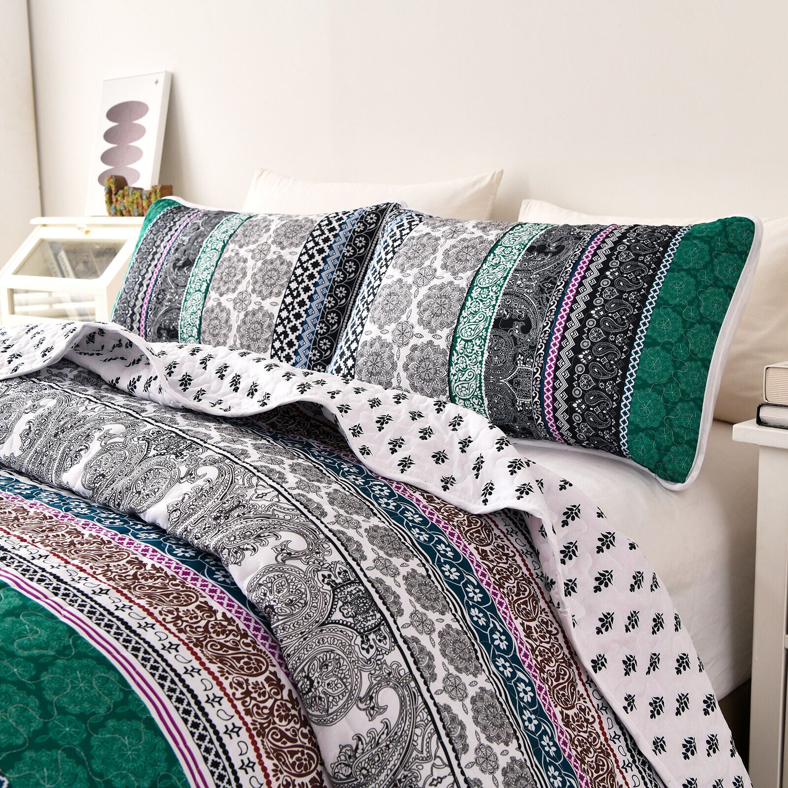 Romantic Blush green grey 3 Pc Bedspread & Pillow Cover Set with patterned quilt and matching pillow on bedzy bedroom furniture