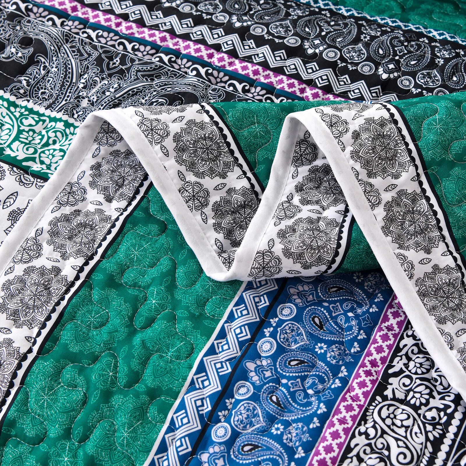Romantic Blush green grey 3 Pc Bedspread & Pillow Cover Set with intricate patterns and quilted design in vibrant colors.