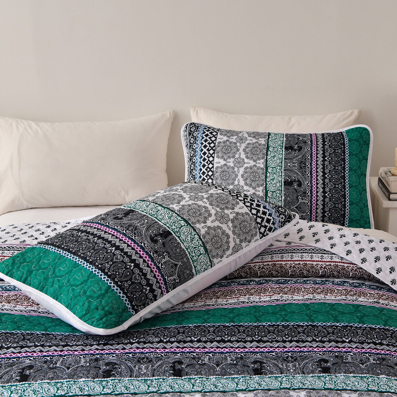 Romantic Blush green grey 3 Pc Bedspread & Pillow Cover Set with patterned quilt and matching pillow covers on bedzy bed