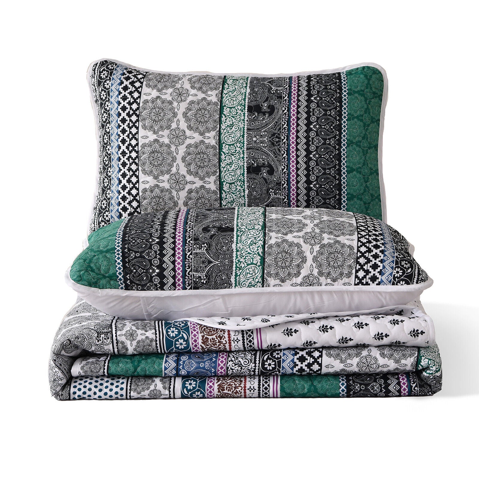 Romantic Blush green grey 3 Pc Bedspread & Pillow Cover Set with patterned stripes, lightweight quilt and matching pillow cover.