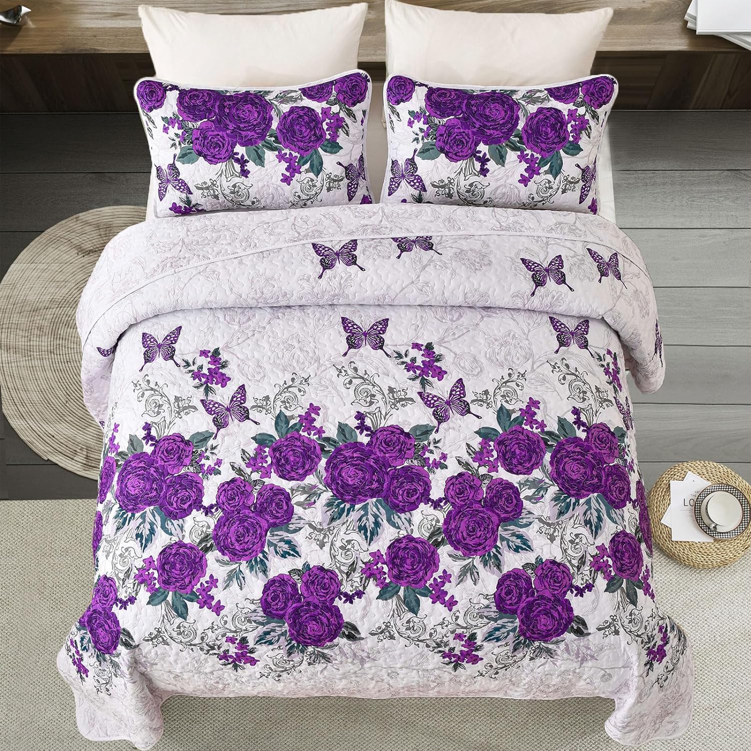 Eclectic Quilted coverlet and pillowcovers set: Add Unique Flair - Queen size with floral and butterfly design on bed in bedroom setting