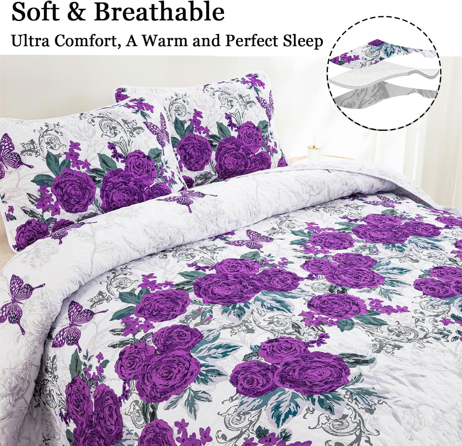 Eclectic Quilted coverlet and pillowcovers set: Add Unique Flair - Queen size with purple floral pattern on white bedding in bedroom setting