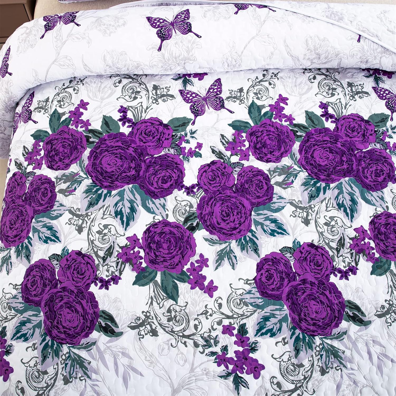 Eclectic Quilted coverlet and pillowcovers set: Add Unique Flair - Queen size with purple floral and butterfly design on white background
