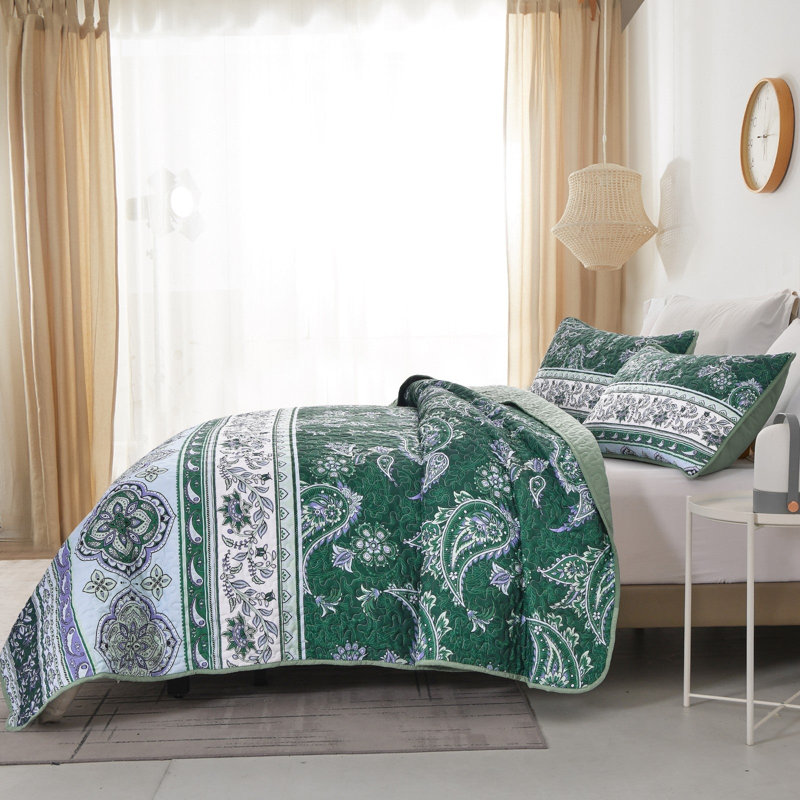 Breezy Tropical green Cozy 3 Pc Bedspread & Pillow Cover Set on queen bed in bright bedroom with beige curtains and white walls