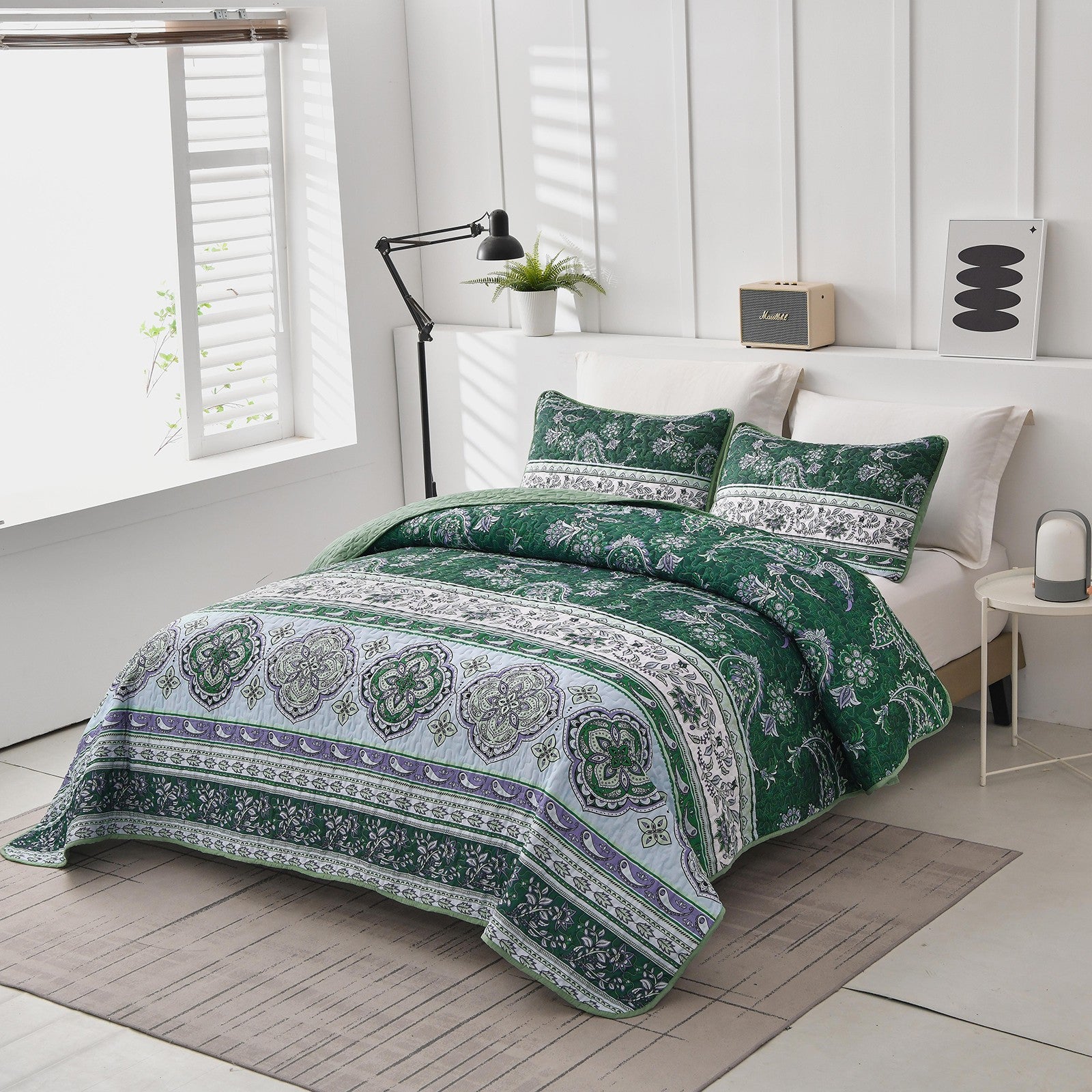 Breezy Tropical green Cozy 3 Pc Bedspread & Pillow Cover Set on queen bed with white pillows in bright bedroom setting