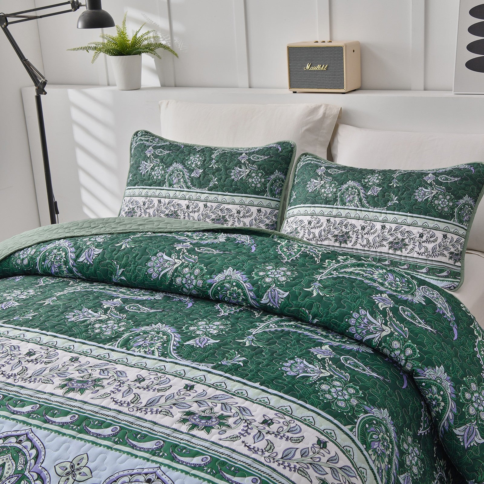 Breezy Tropical green Cozy 3 Pc Bedspread & Pillow Cover Set with floral pattern on a neatly made bed in a bright bedroom