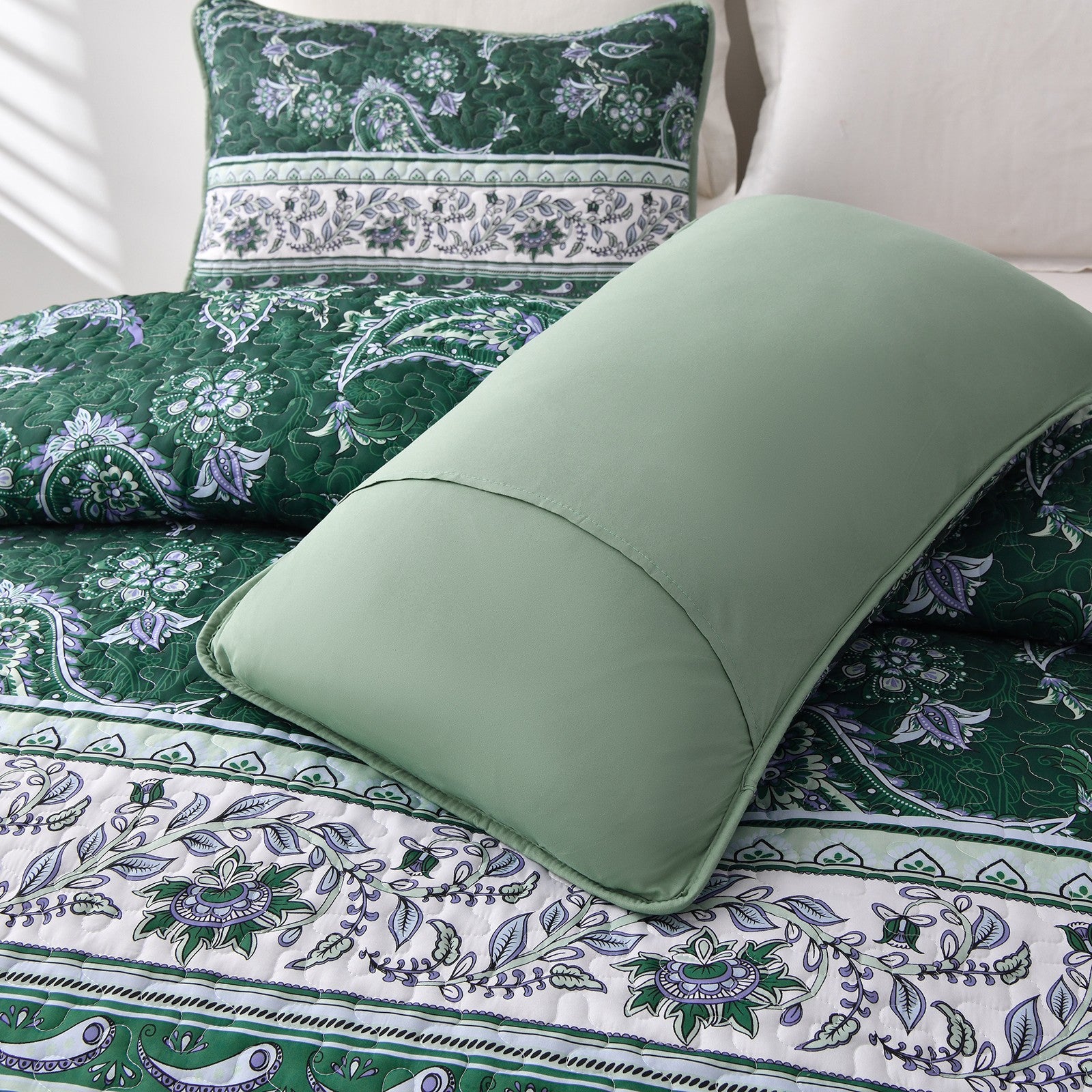 Breezy Tropical green Cozy 3 Pc Bedspread & Pillow Cover Set with paisley pattern and solid green pillow on bedzy bed
