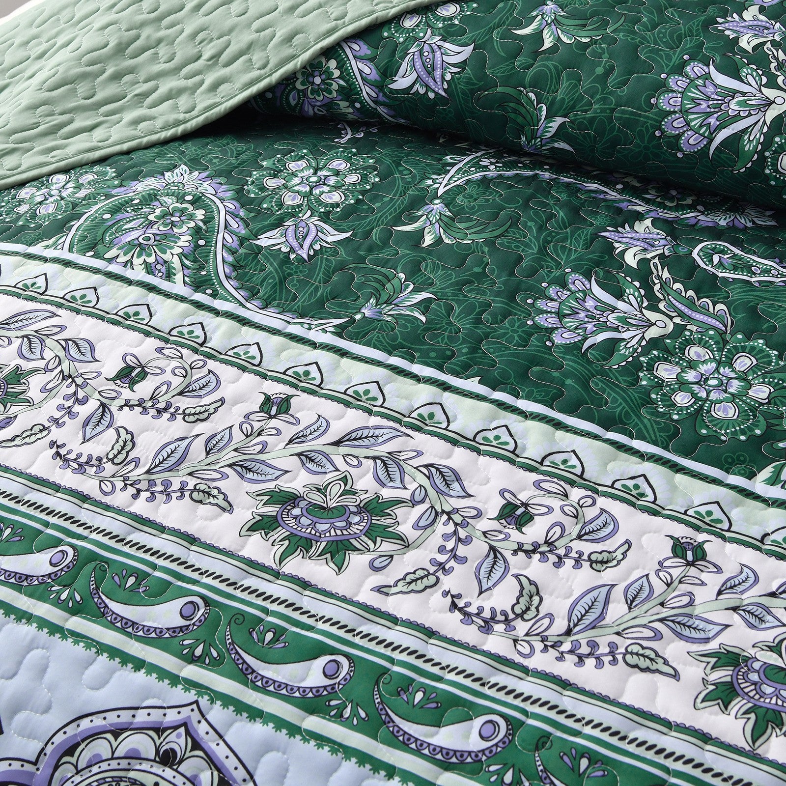 Breezy Tropical green Cozy 3 Pc Bedspread & Pillow Cover Set with floral quilting and reversible design close-up