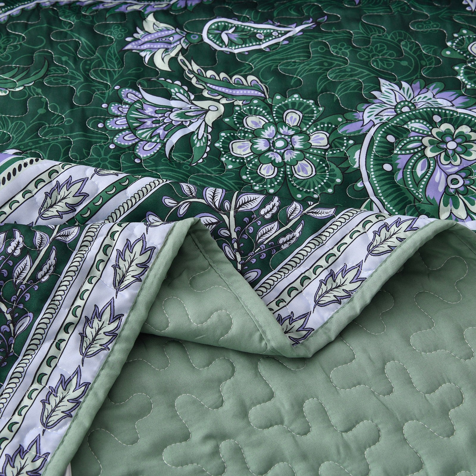 Breezy Tropical green Cozy 3 Pc Bedspread & Pillow Cover Set with intricate floral patterns and quilted reversible design