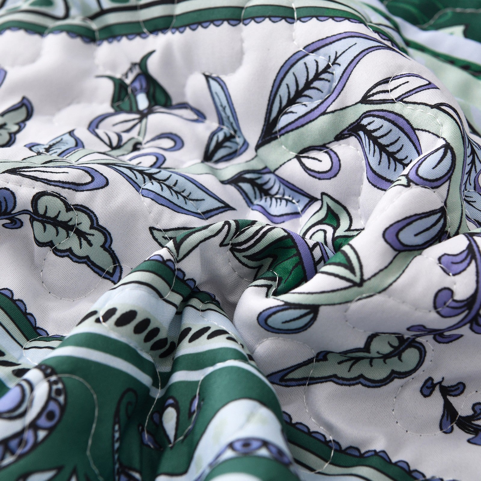 Close-up of Breezy Tropical green Cozy 3 Pc Bedspread & Pillow Cover Set showing intricate floral pattern and quilted texture