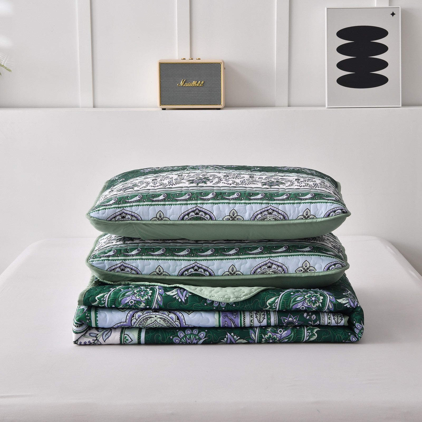 Breezy Tropical green Cozy 3 Pc Bedspread & Pillow Cover Set with patterned reversible quilt and matching pillow covers on white bed