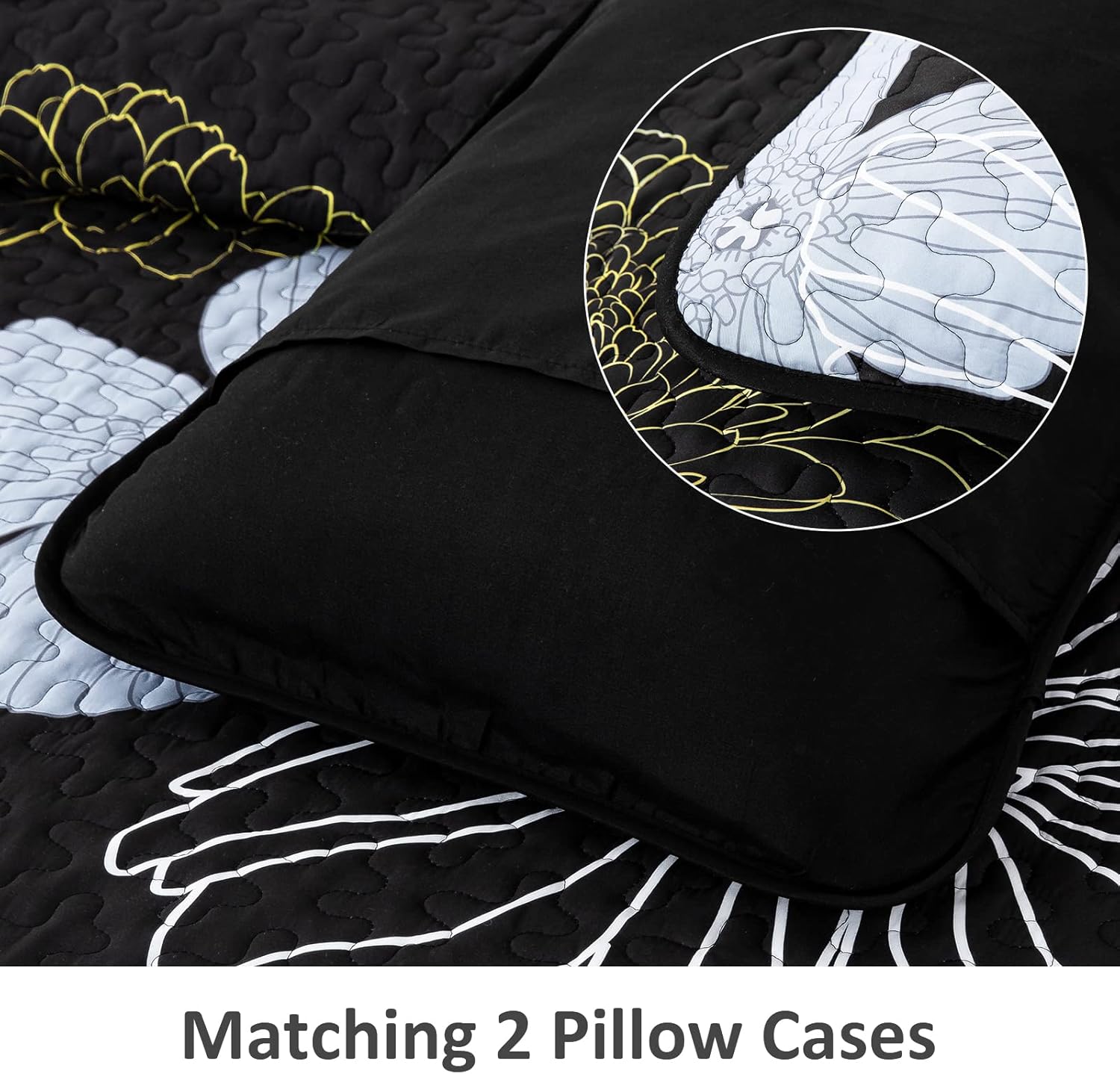 Refined Quilted Bedspread and Pillowcases Set: Perfect Harmony of Comfort and Style - Queen size with black and floral quilted design and matching pillowcases