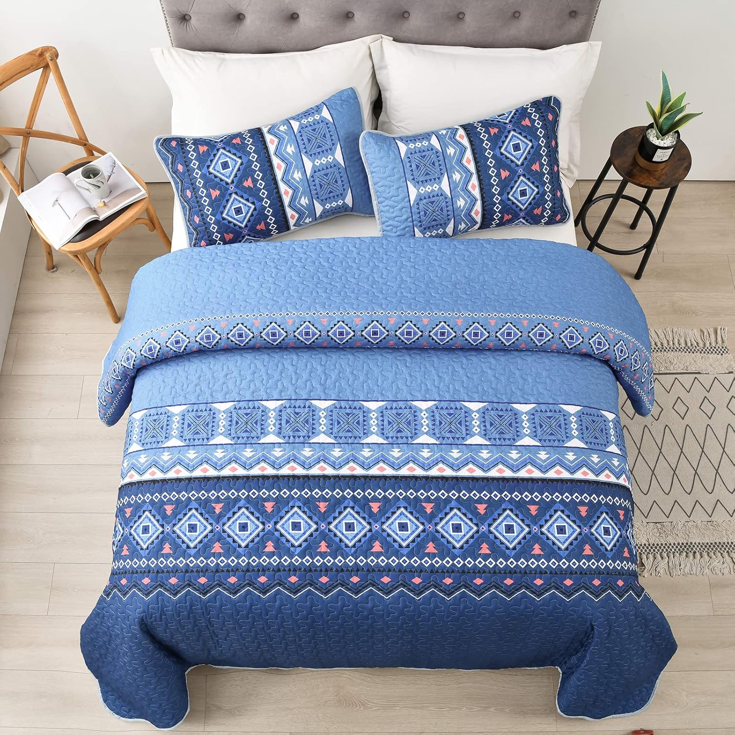 Nature Lover's Quilted bedspread and pillowcovers set: Inspired by the Outdoors - Queen size with blue geometric design on bedzy bed