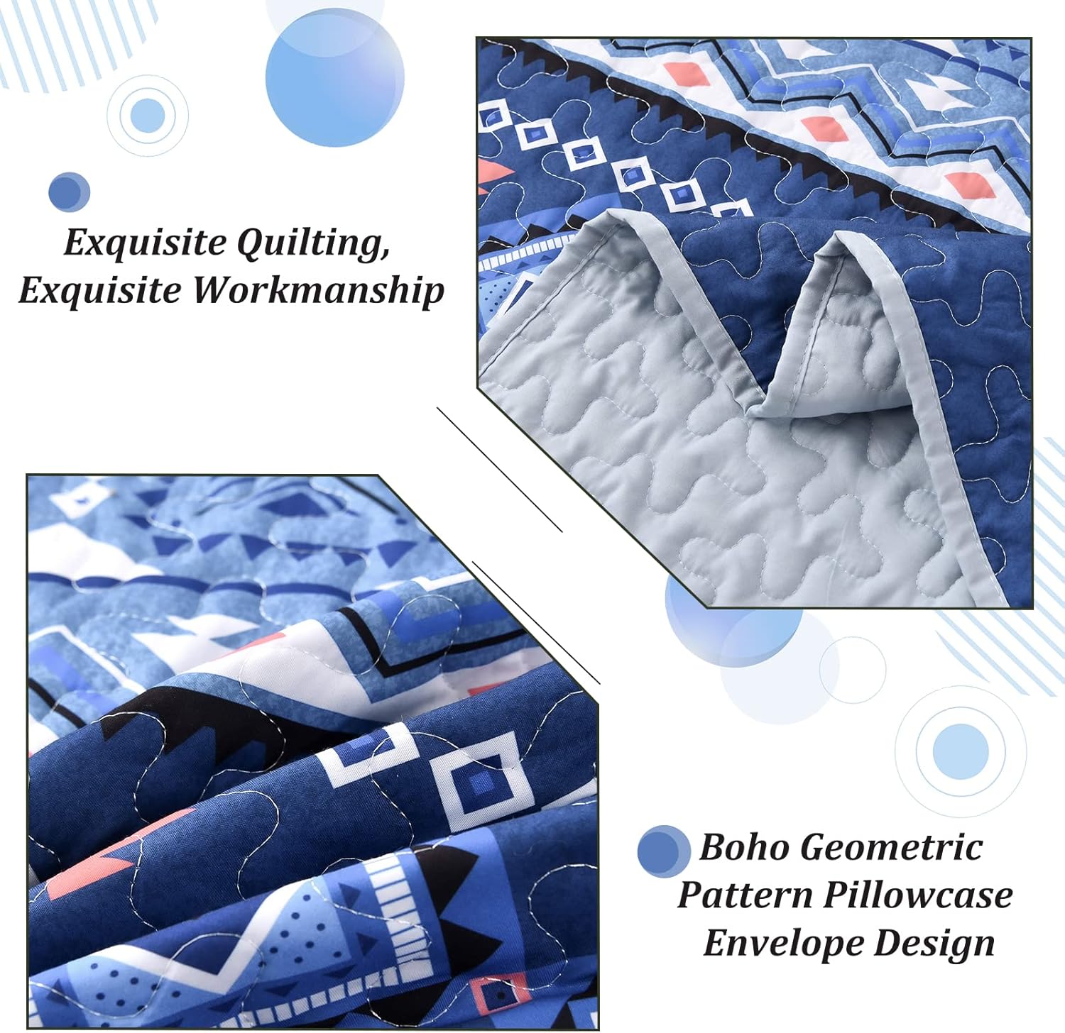 Close-up of Nature Lover's Quilted bedspread and pillowcovers set: Inspired by the Outdoors - Queen size with geometric pattern and detailed quilting