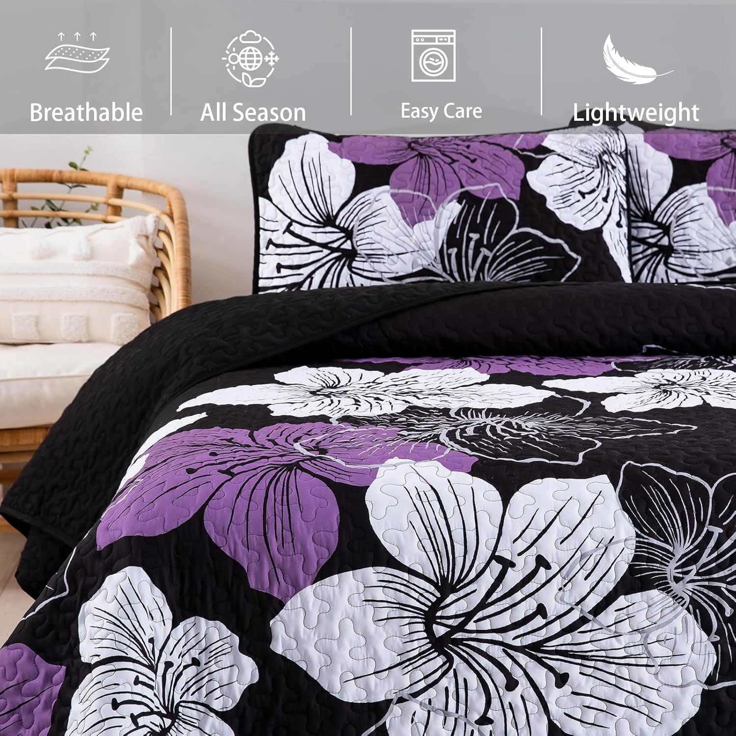 Majestic Quilted Bedspread and Pillowcases Set: Unmatched Beauty and Comfort - Queen size with floral design on black background