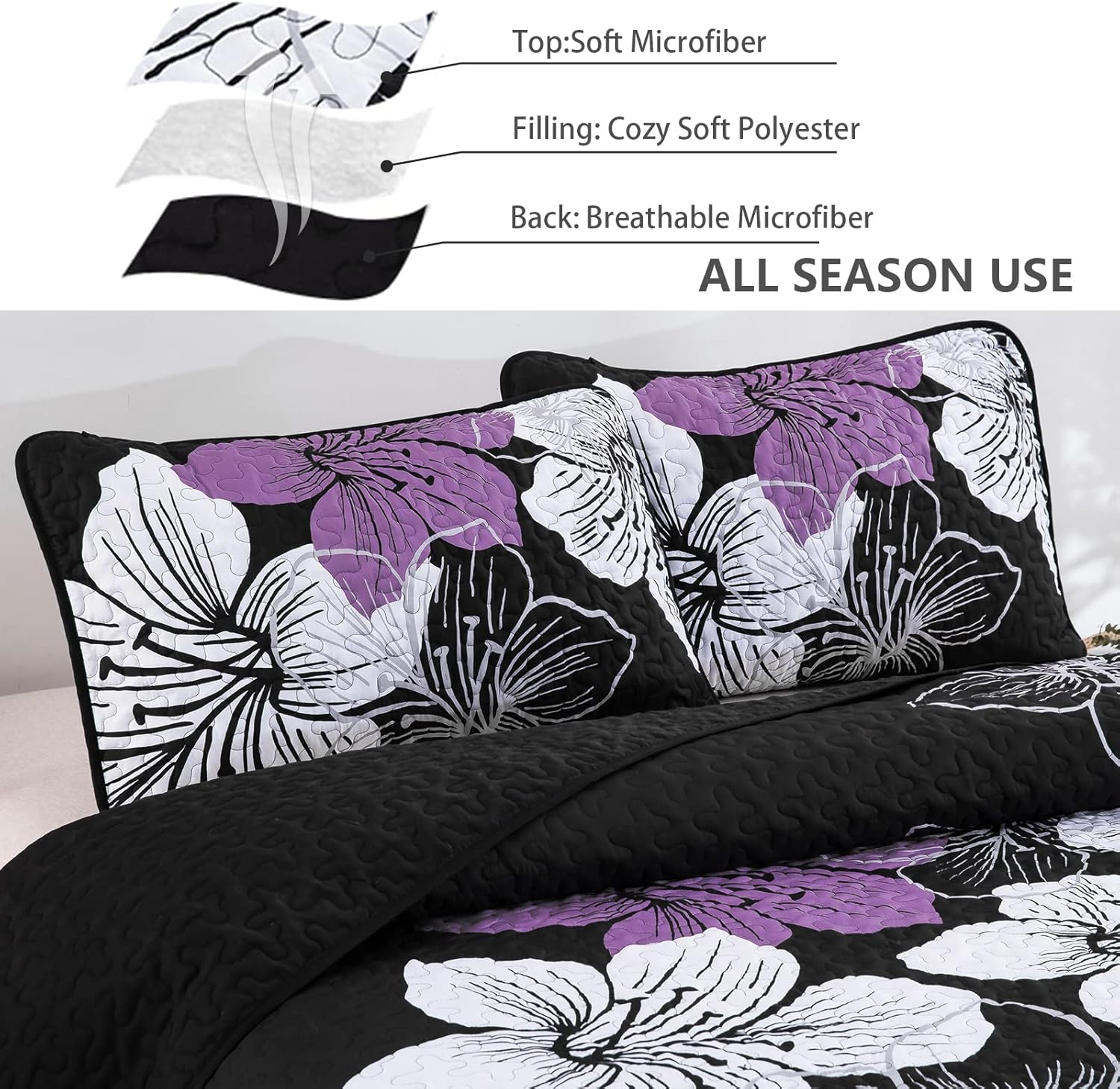 Majestic Quilted Bedspread and Pillowcases Set: Unmatched Beauty and Comfort - Queen size with floral pattern in black, white, and purple