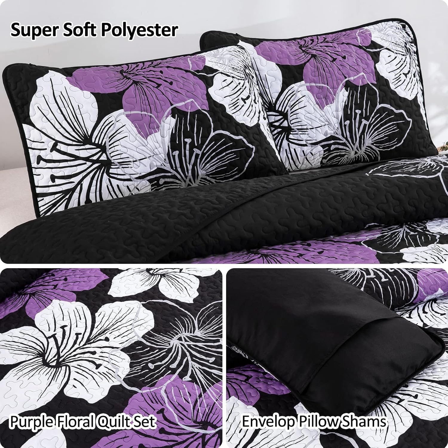 Majestic Quilted Bedspread and Pillowcases Set: Unmatched Beauty and Comfort - Queen size with purple floral quilt and pillow shams