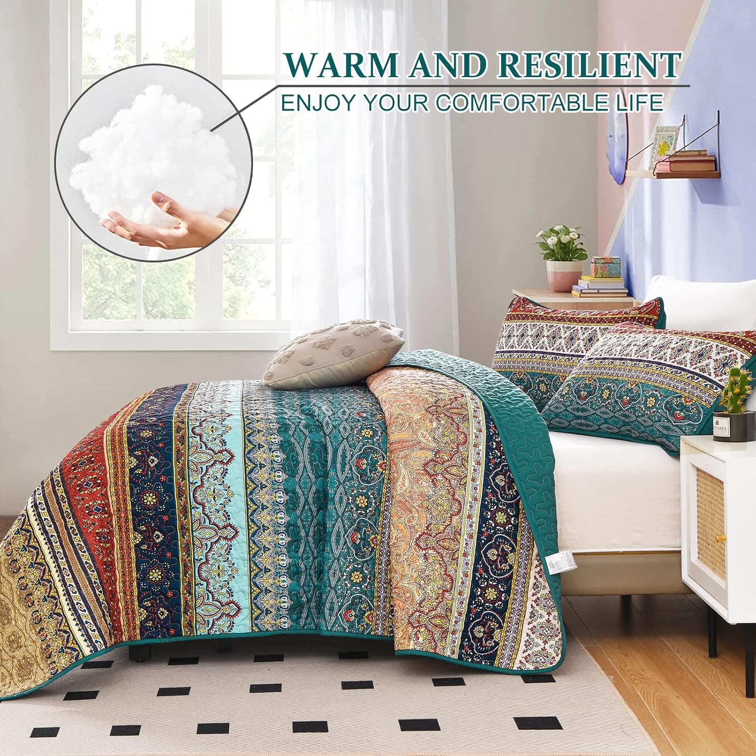 Textured Quilted bedspread and pillowcovers set: Add Depth and Dimension - Queen size with colorful patterned design on bed zy bed