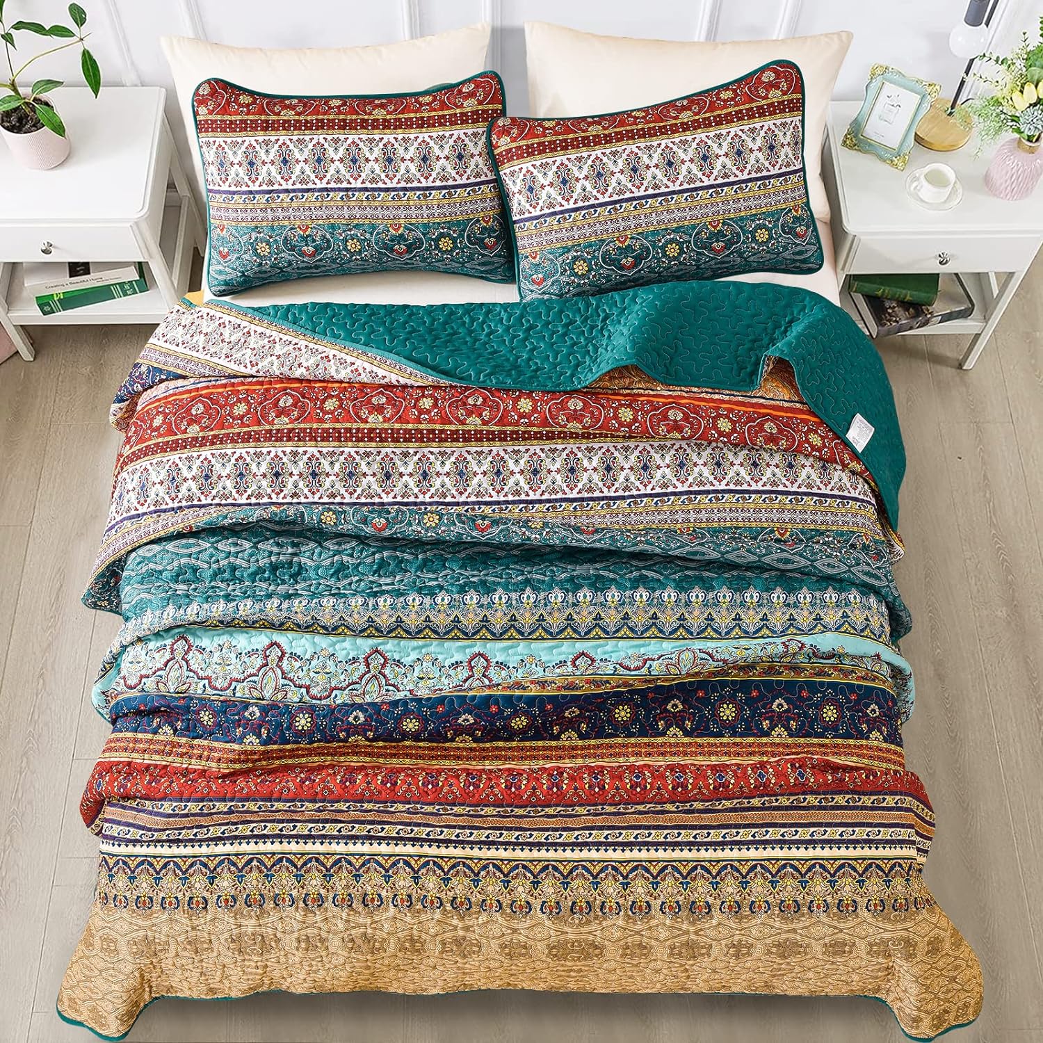 Textured Quilted bedspread and pillowcovers set: Add Depth and Dimension - Queen size with multicolor patterned design on bedzy bed