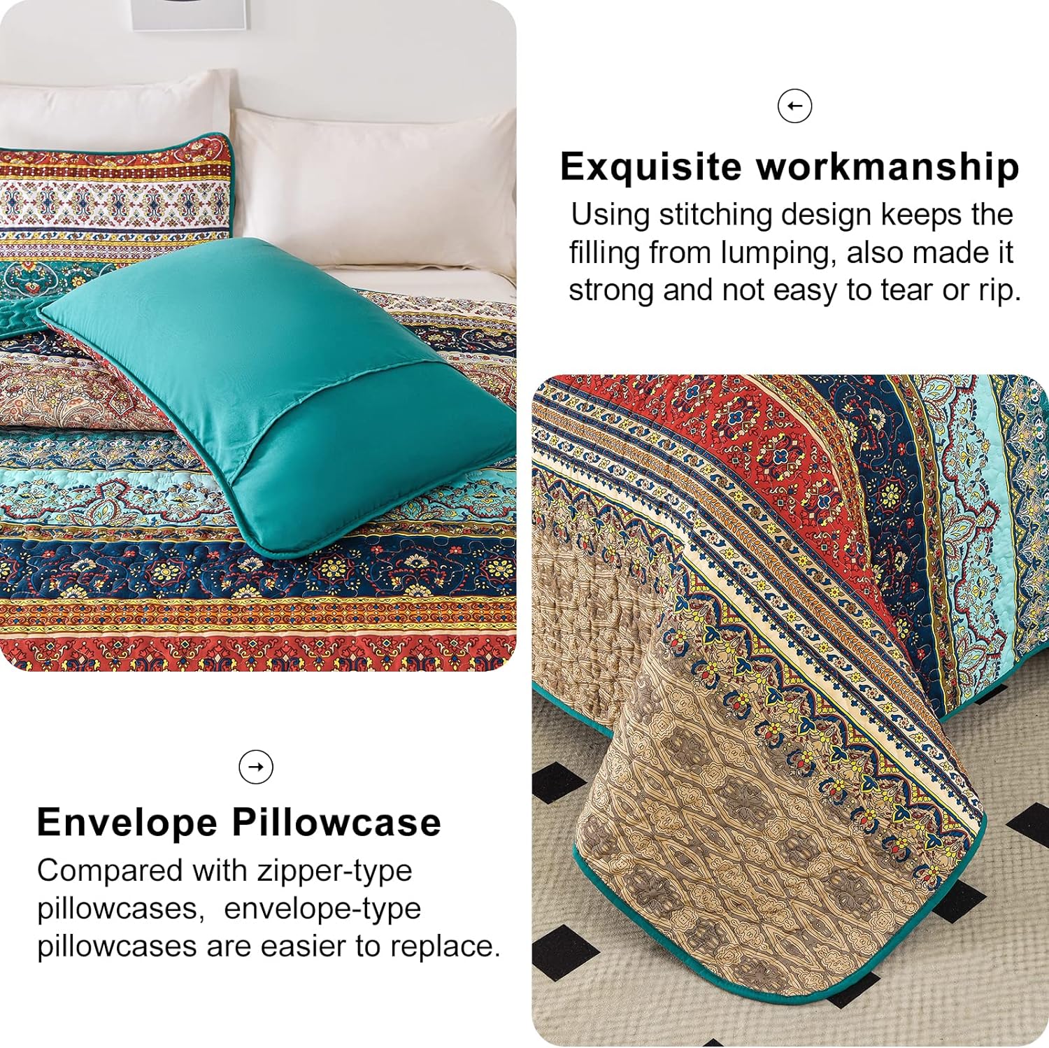 Textured Quilted bedspread and pillowcovers set: Add Depth and Dimension - Queen size with envelope pillowcase and stitched design