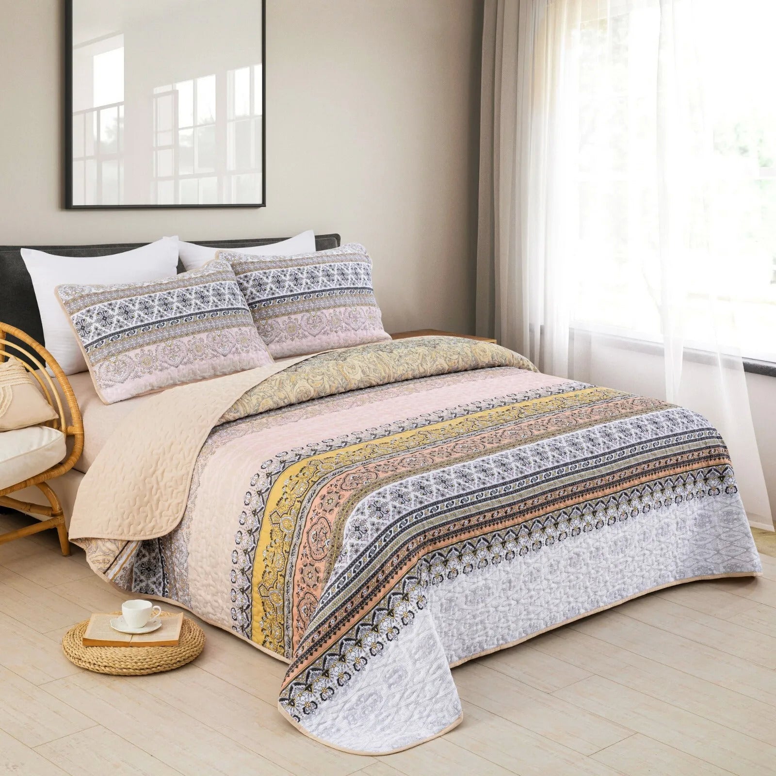 Crafted Quilted Bedspread and Pillowcases Set: A Testament to Skilled Craftsmanship - Queen size displayed in stylish bedroom setting