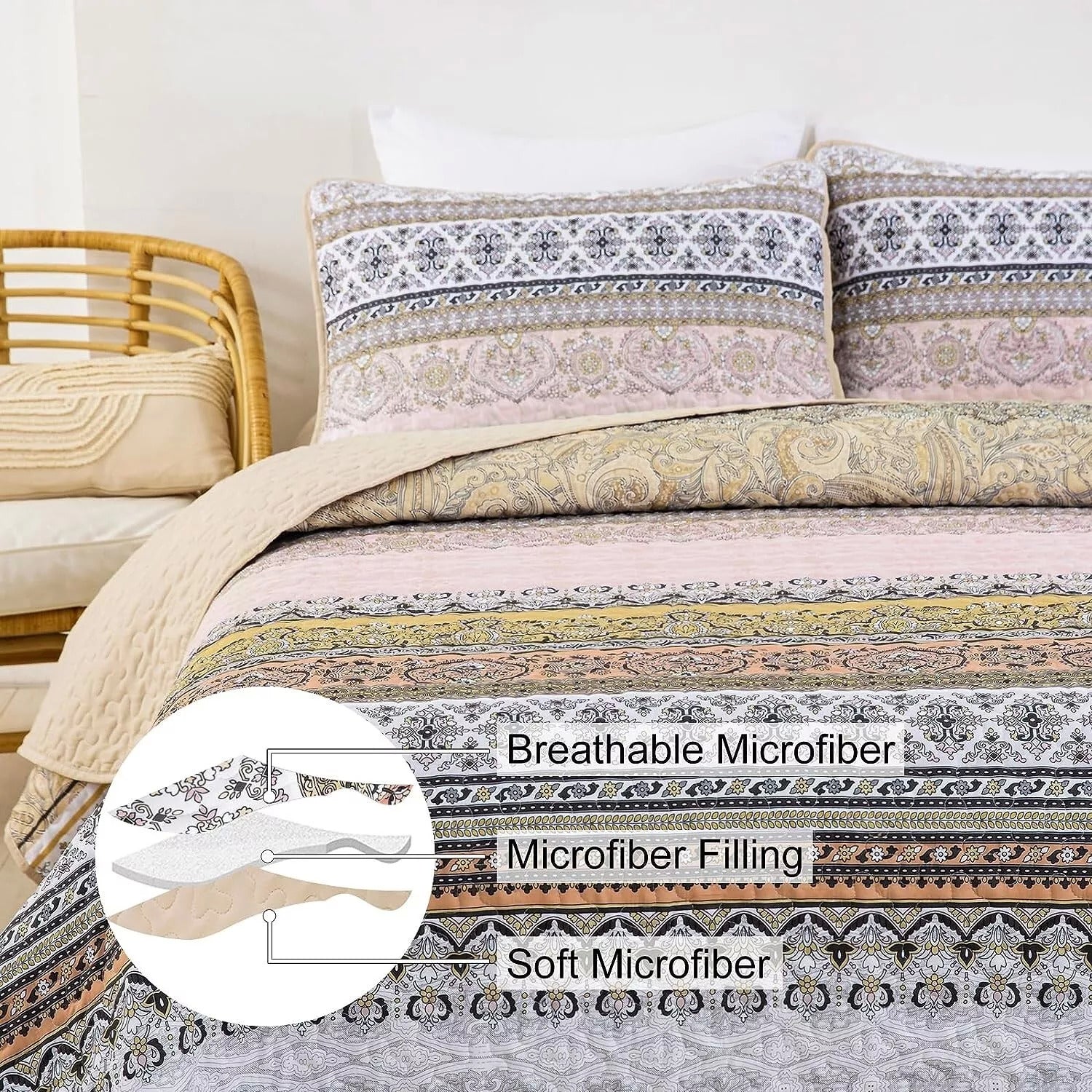 Crafted Quilted Bedspread and Pillowcases Set: A Testament to Skilled Craftsmanship - Queen size with detailed microfiber layers on bedzy bed
