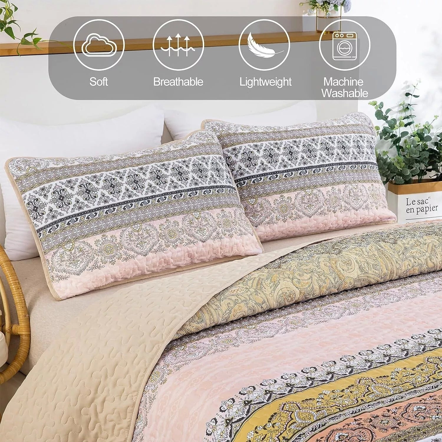 Crafted Quilted Bedspread and Pillowcases Set: A Testament to Skilled Craftsmanship - Queen size on bed with floral and paisley design