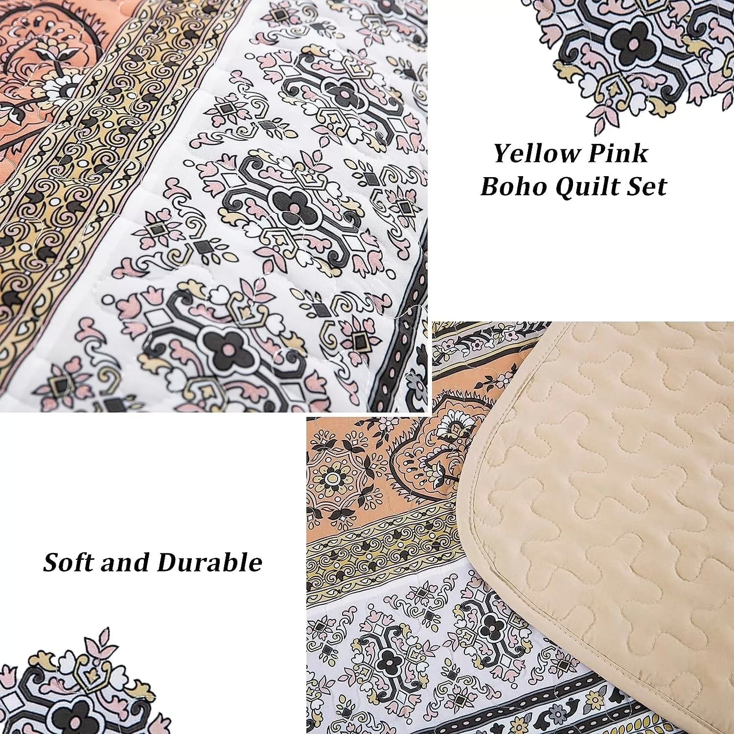 Crafted Quilted Bedspread and Pillowcases Set: A Testament to Skilled Craftsmanship - Queen size in yellow pink boho quilt design