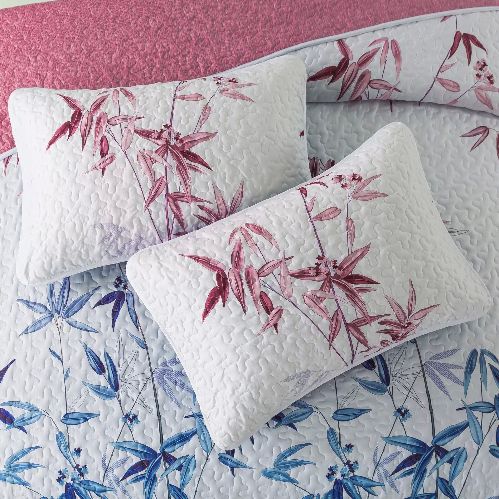 Floral Quilted bedspread and pillowcovers set: Embrace Nature Indoors - Queen size with botanical print and textured stitching on bedzy bedding