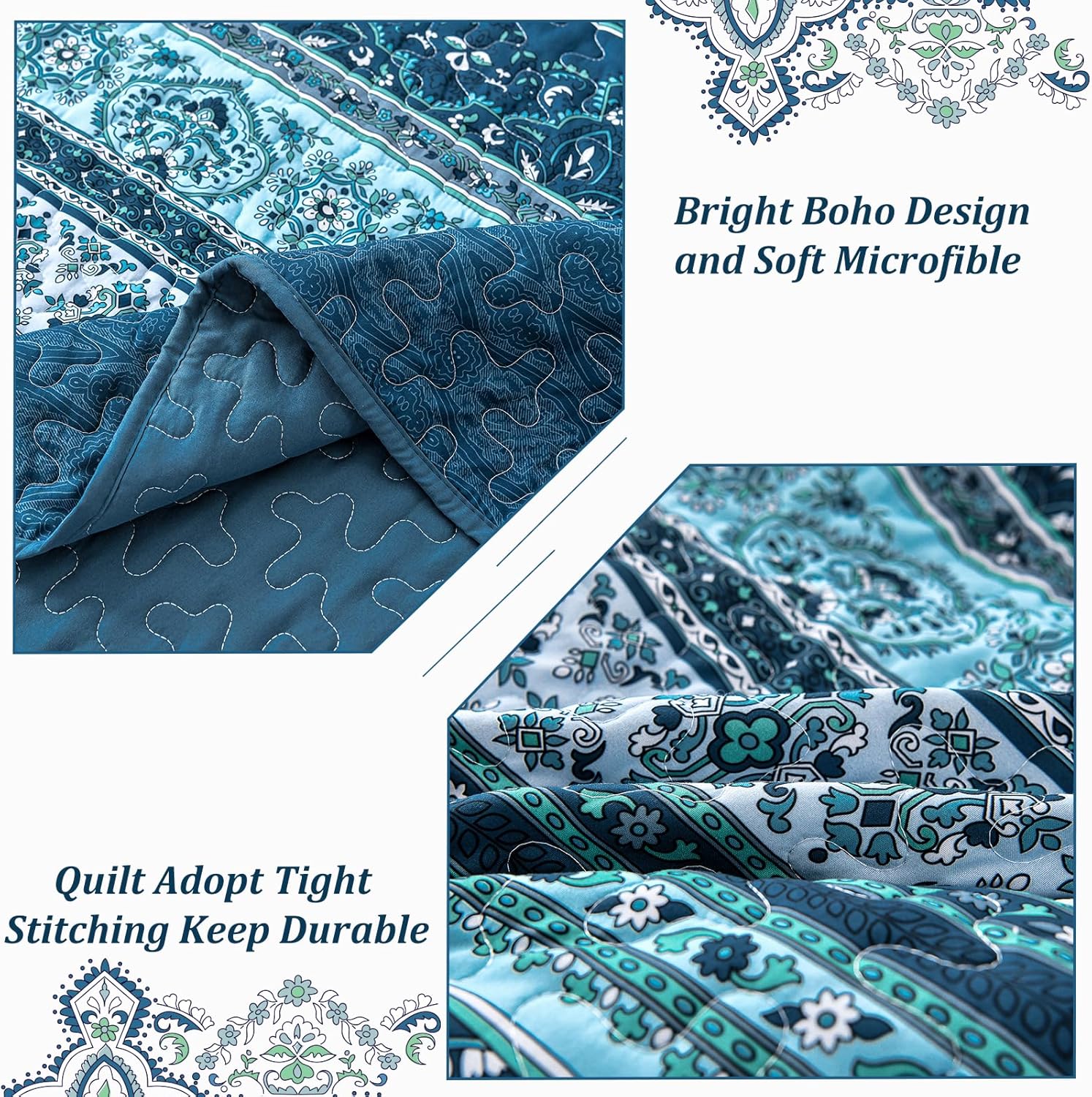 Opalescent Quilted coverlet and pillowcovers set: Shimmering Beauty - Queen size with bright boho pattern and tight stitching