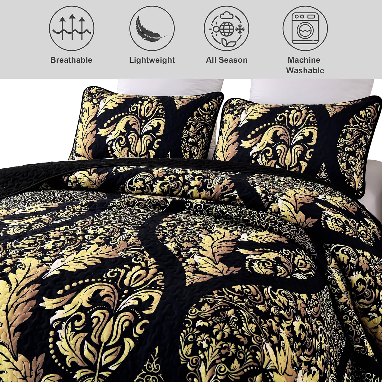 Luminous Quilted Coverlet and Pillowcases Set: Brighten Your Bedroom Atmosphere - Queen size with black and gold ornate pattern